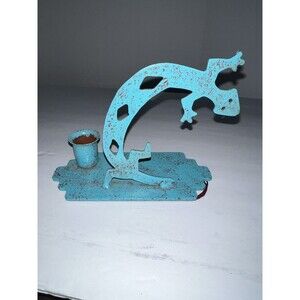 Metal Man Turquoise Metal Art Lizard Candle Holder Tribal Art Sculpture Vintage
